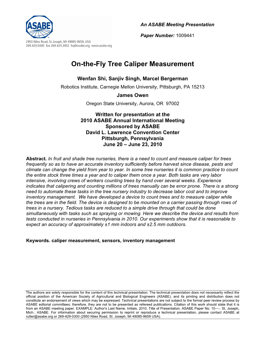 On-The-Fly Tree Caliper Measurement
