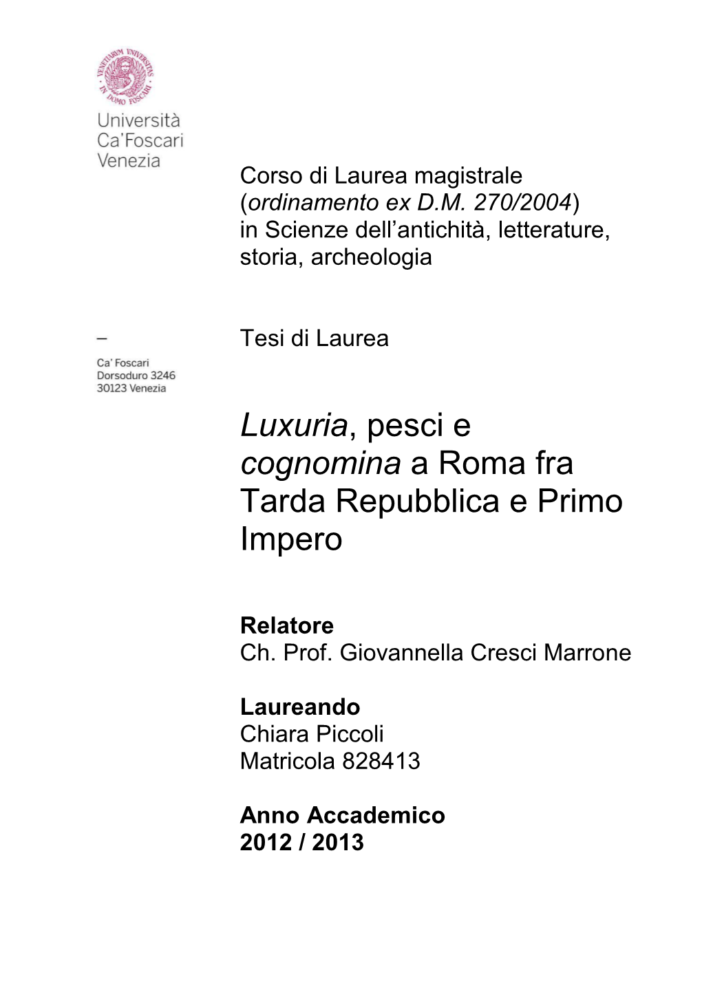 Luxuria, Pesci E Cognomina a Roma Fra Tarda Repubblica E Primo Impero