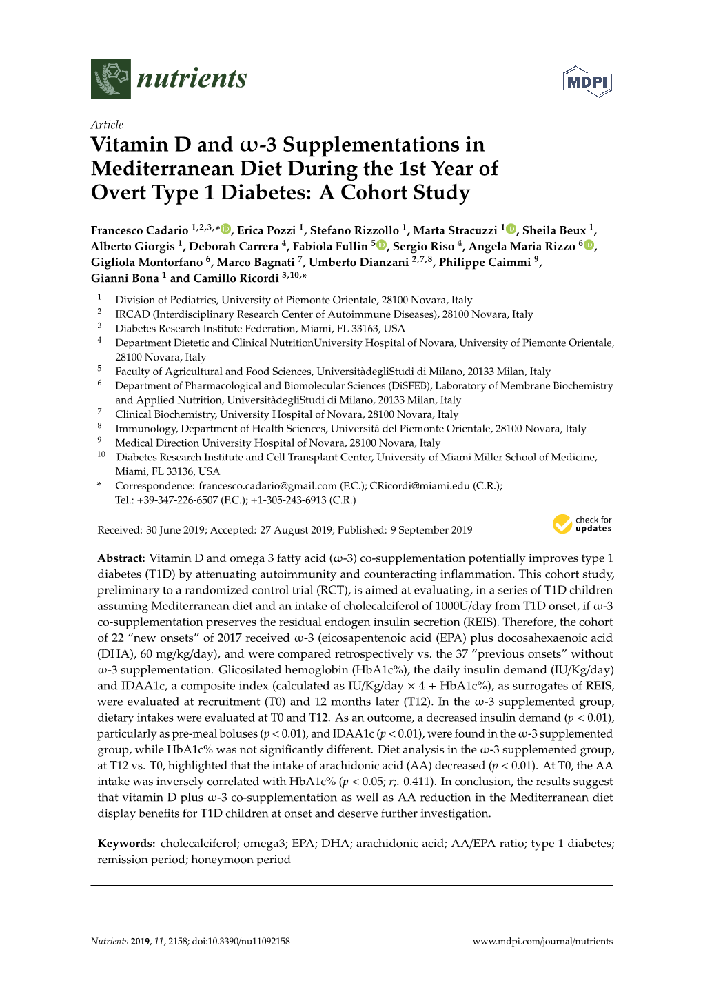 Vitamin D and Ω-3 Supplementations in Mediterranean Diet During the 1St Year of Overt Type 1 Diabetes: a Cohort Study