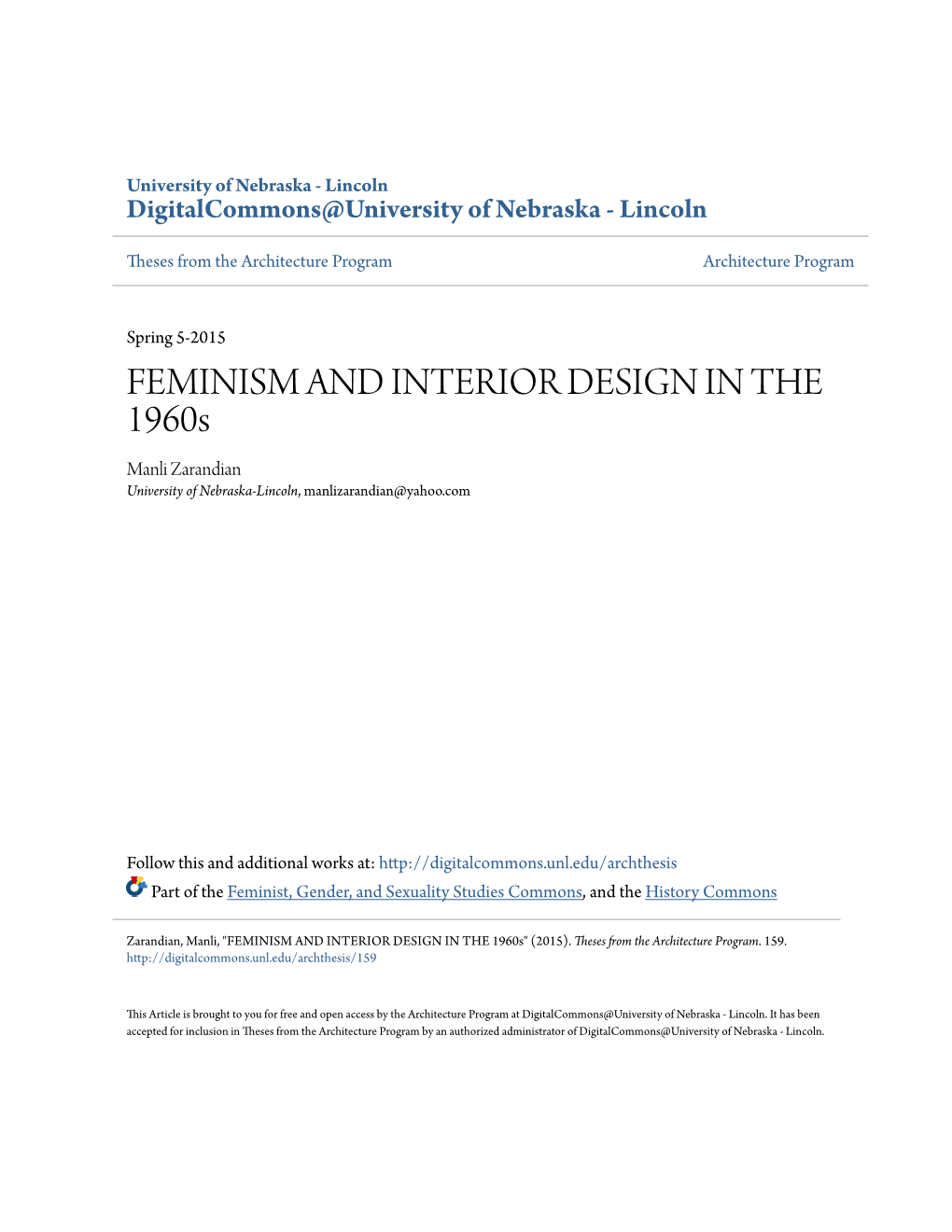 FEMINISM and INTERIOR DESIGN in the 1960S Manli Zarandian University of Nebraska-Lincoln, Manlizarandian@Yahoo.Com