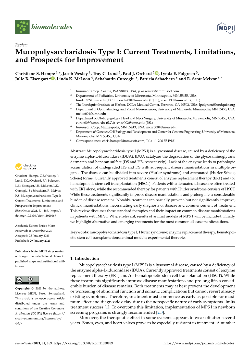 Mucopolysaccharidosis Type I: Current Treatments, Limitations, and Prospects for Improvement