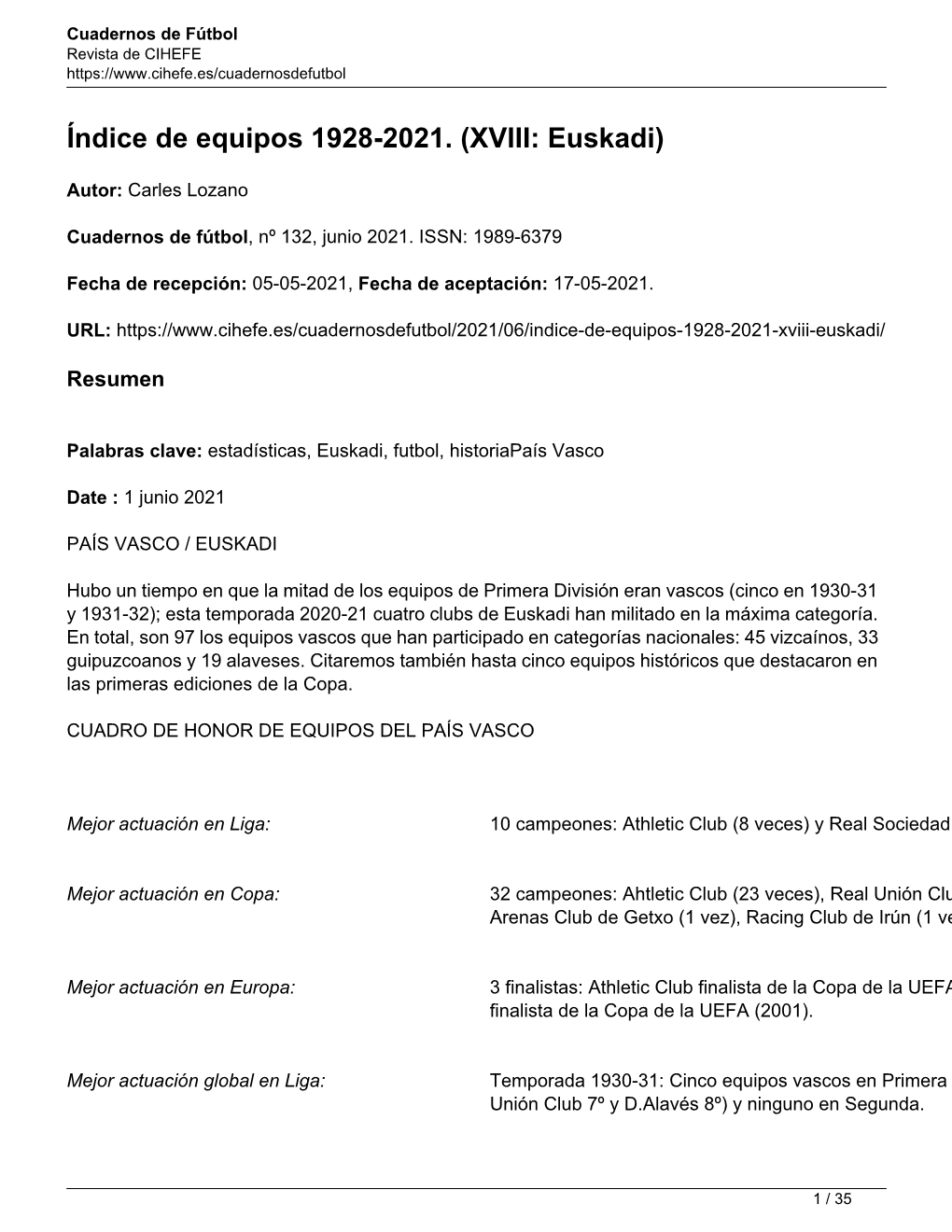 Índice De Equipos 1928-2021. (XVIII: Euskadi)