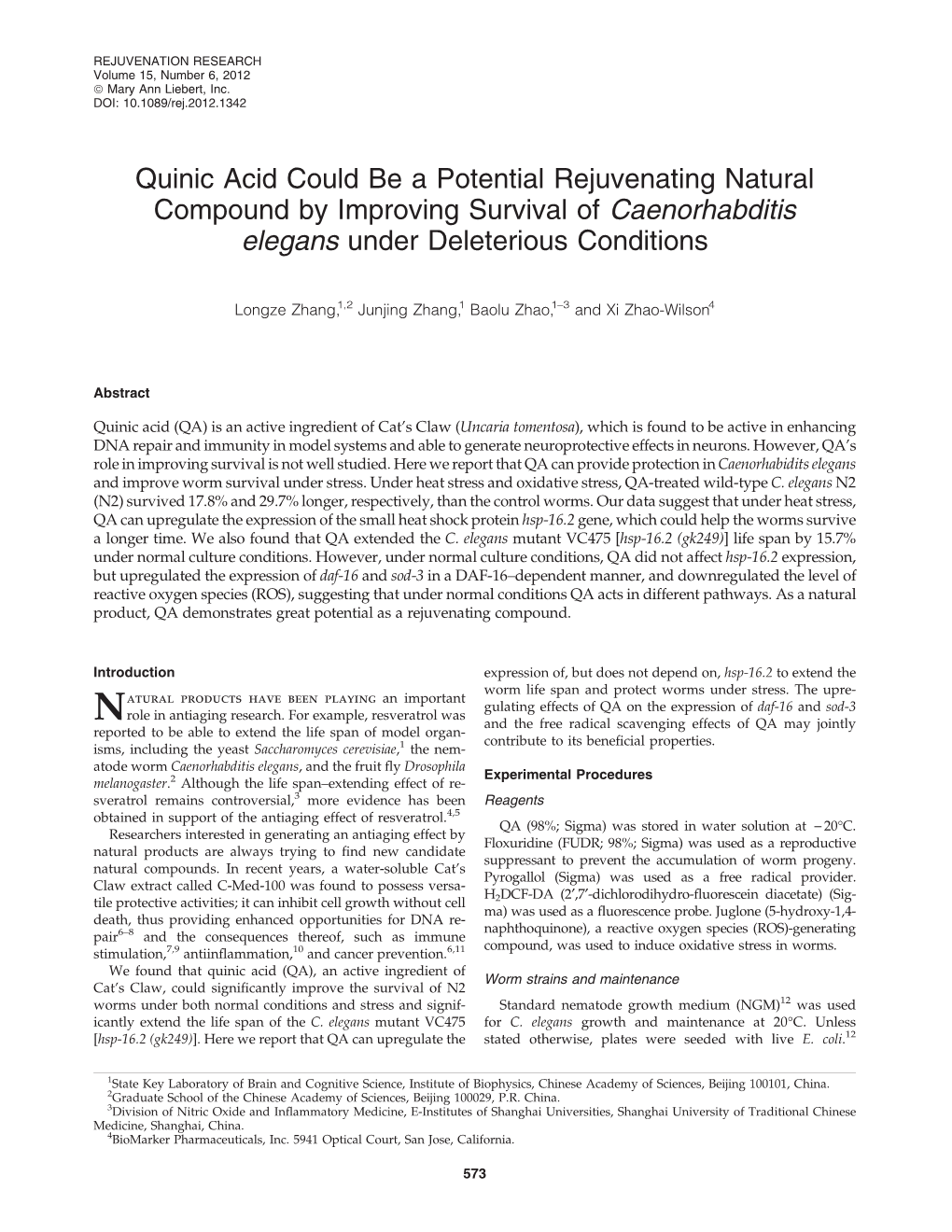 Quinic Acid Could Be a Potential Rejuvenating Natural Compound by Improving Survival of Caenorhabditis Elegans Under Deleterious Conditions