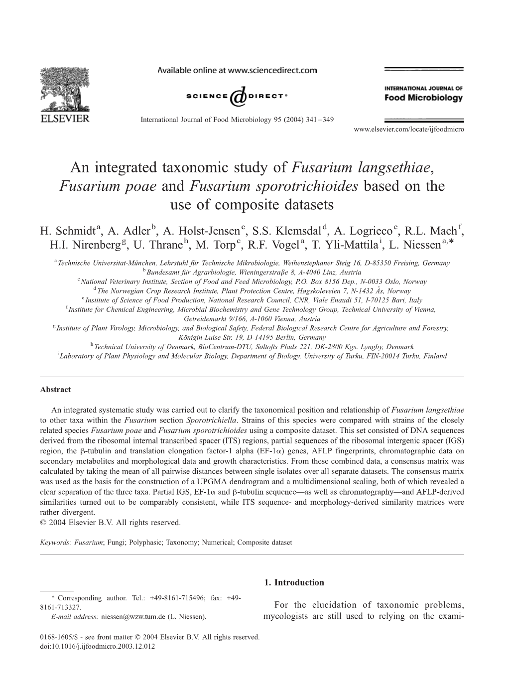 An Integrated Taxonomic Study of Fusarium Langsethiae, Fusarium Poae and Fusarium Sporotrichioides Based on the Use of Composite Datasets