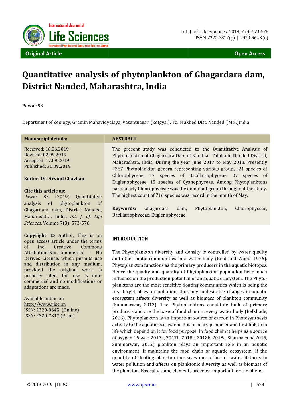 Quantitative Analysis of Phytoplankton of Ghagardara Dam, District Nanded, Maharashtra, India