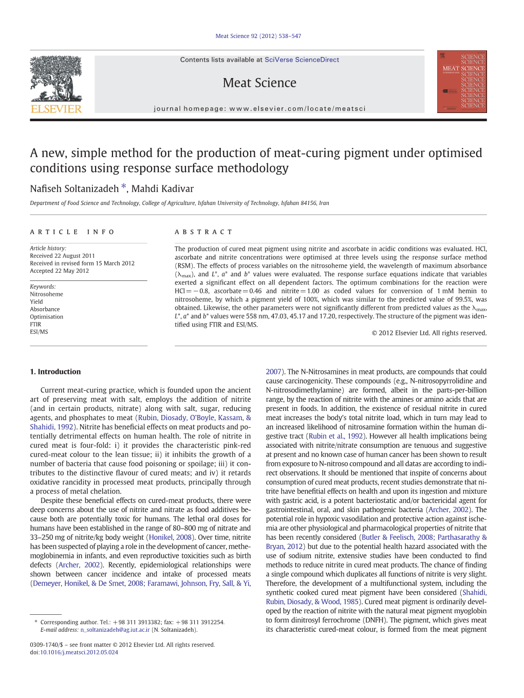 A New, Simple Method for the Production of Meat-Curing Pigment Under Optimised Conditions Using Response Surface Methodology