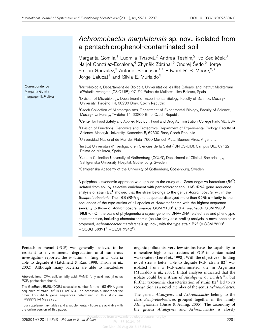 Achromobacter Marplatensis Sp. Nov., Isolated from a Pentachlorophenol-Contaminated Soil