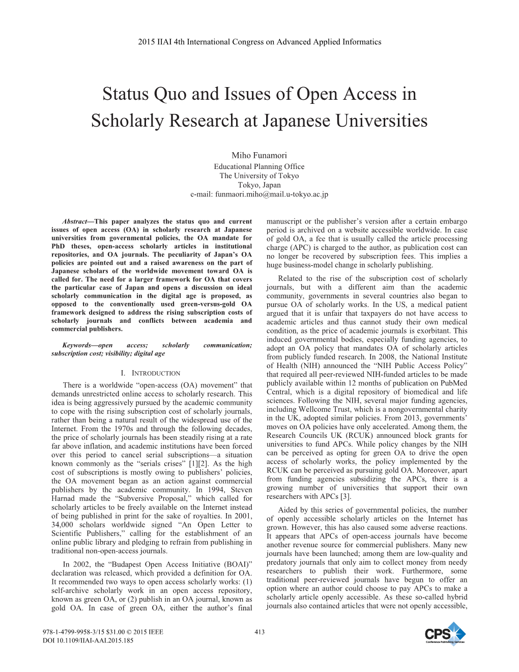 Status Quo and Issues of Open Access in Scholarly Research at Japanese Universities