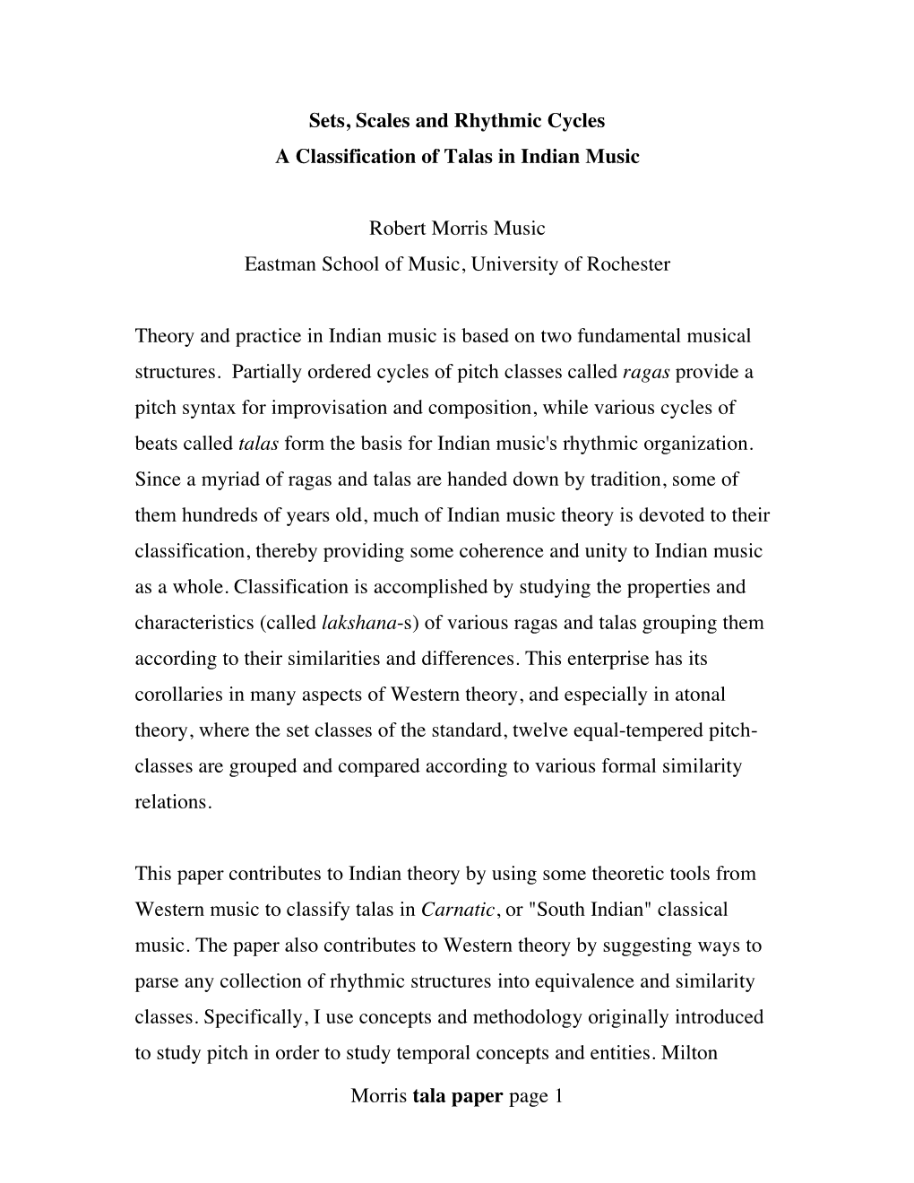 Sets, Scales, and Rhythmic Cycles: a Classifications of Talas in Indian Music