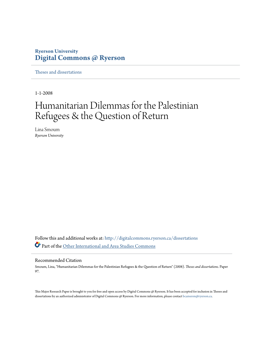 Humanitarian Dilemmas for the Palestinian Refugees & The