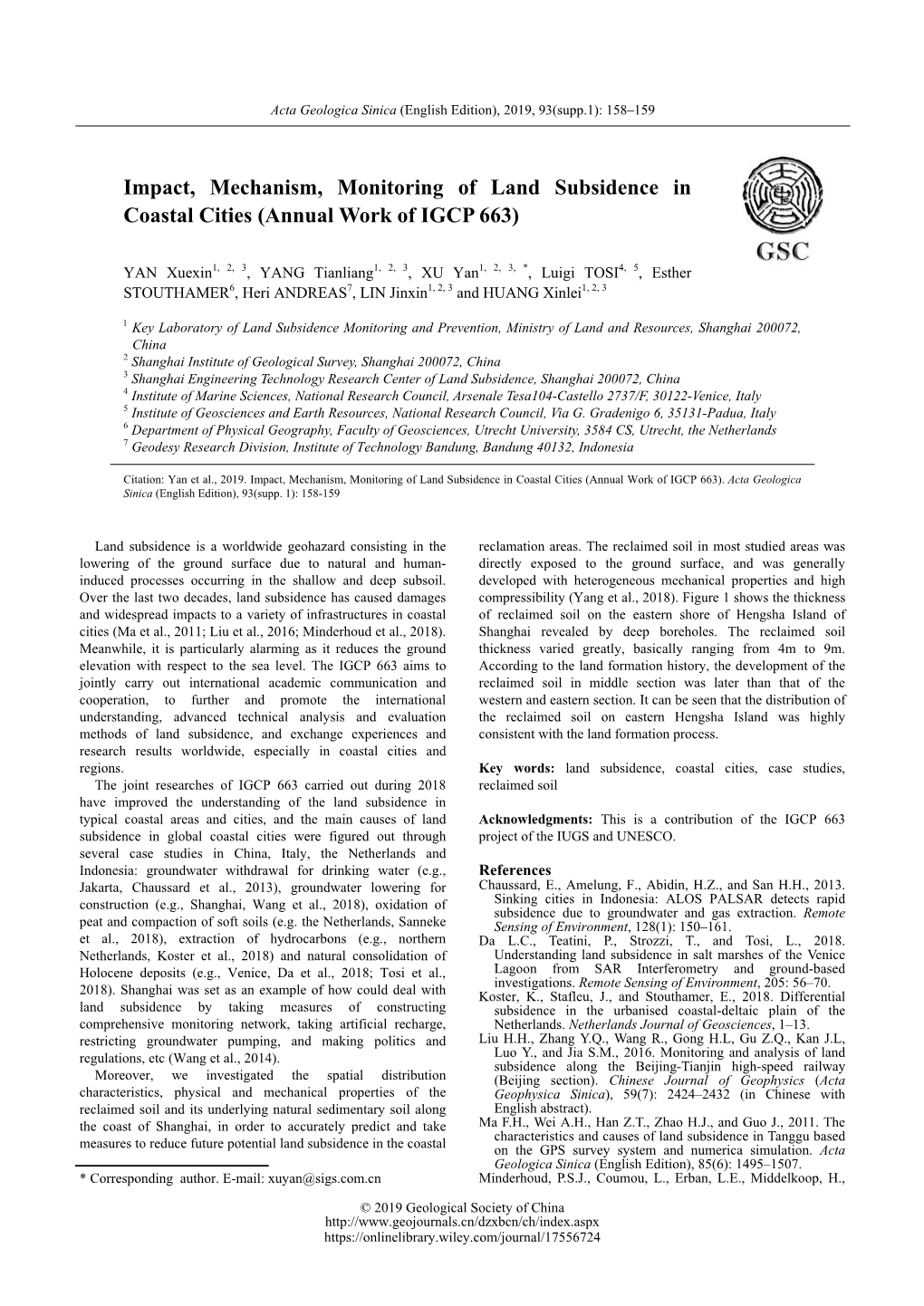 Impact, Mechanism, Monitoring of Land Subsidence in Coastal Cities (Annual Work of IGCP 663)