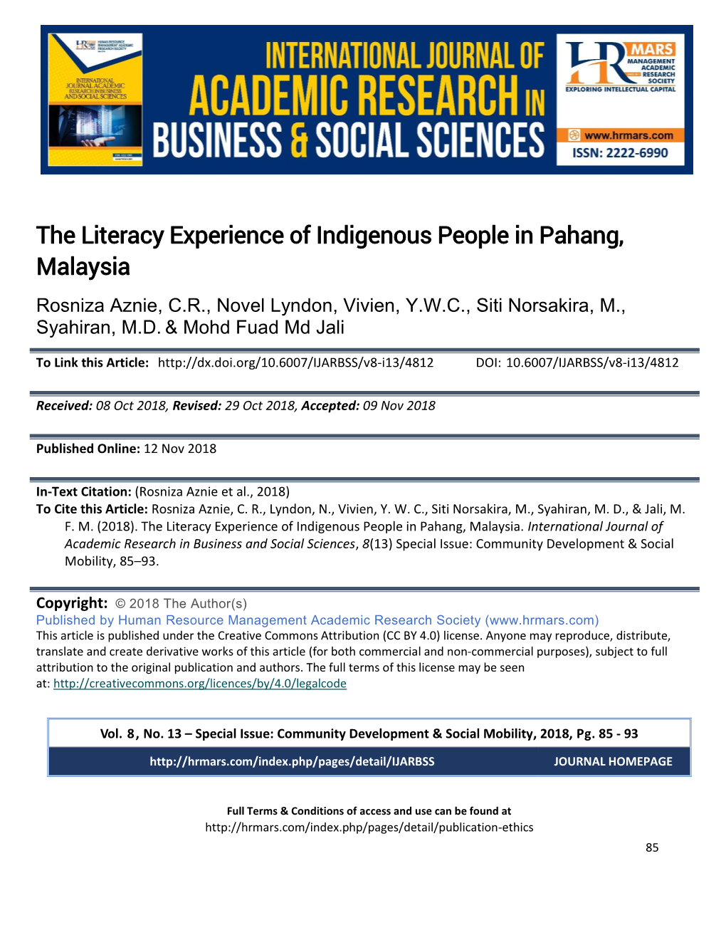 The Literacy Experience of Indigenous People in Pahang, Malaysia