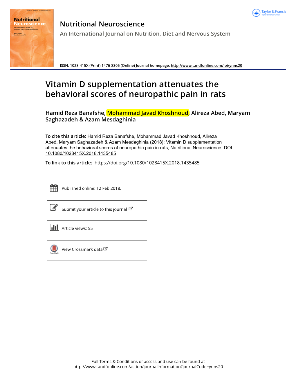 Vitamin D Supplementation Attenuates the Behavioral Scores of Neuropathic Pain in Rats