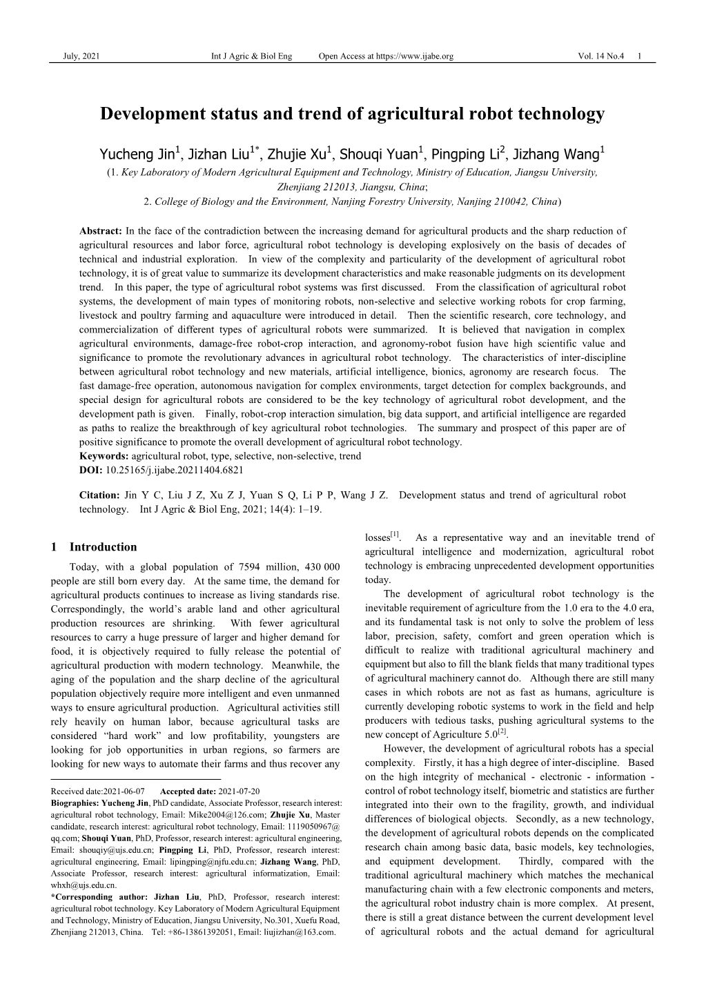 Development Status and Trend of Agricultural Robot Technology