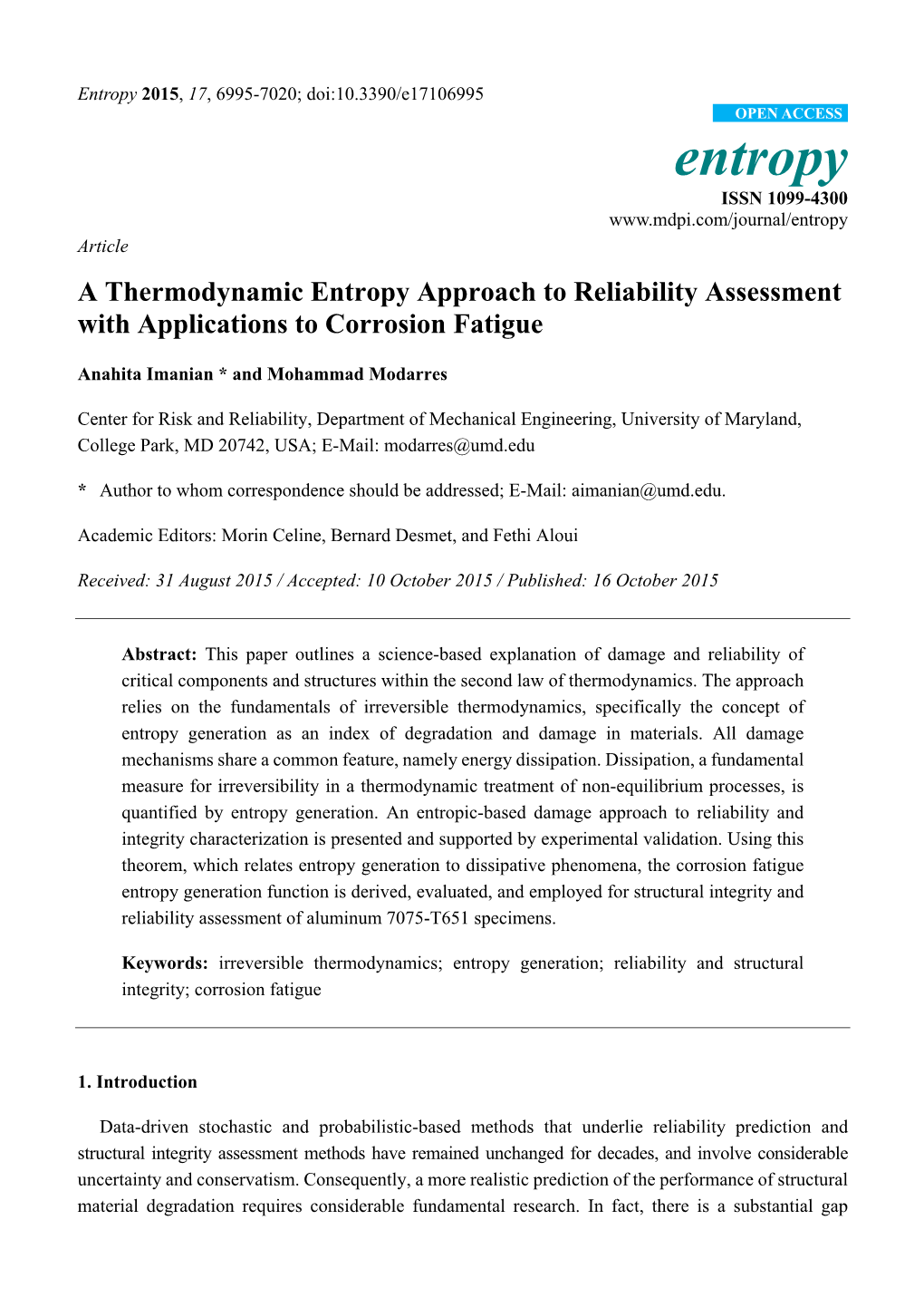 A Thermodynamic Entropy Approach to Reliability Assessment with Applications to Corrosion Fatigue
