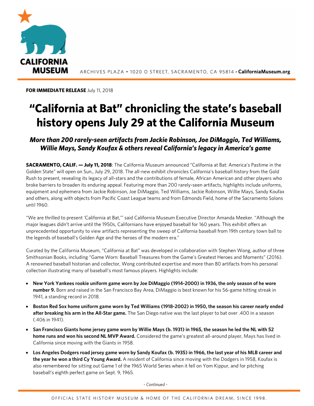 “California at Bat” Chronicling the State's Baseball History Opens July 29 at the California Museum
