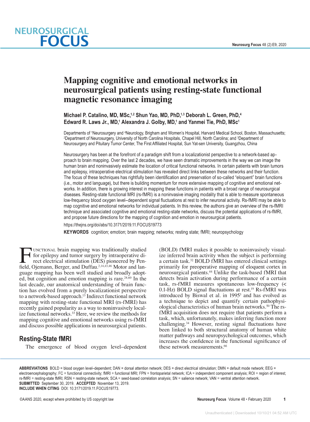 Mapping Cognitive and Emotional Networks in Neurosurgical Patients Using Resting-State Functional Magnetic Resonance Imaging