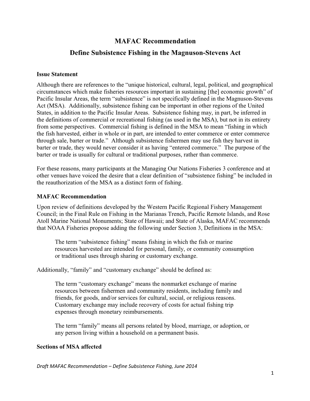 Define Subsistence Fishing in the Magnuson-Stevens Act