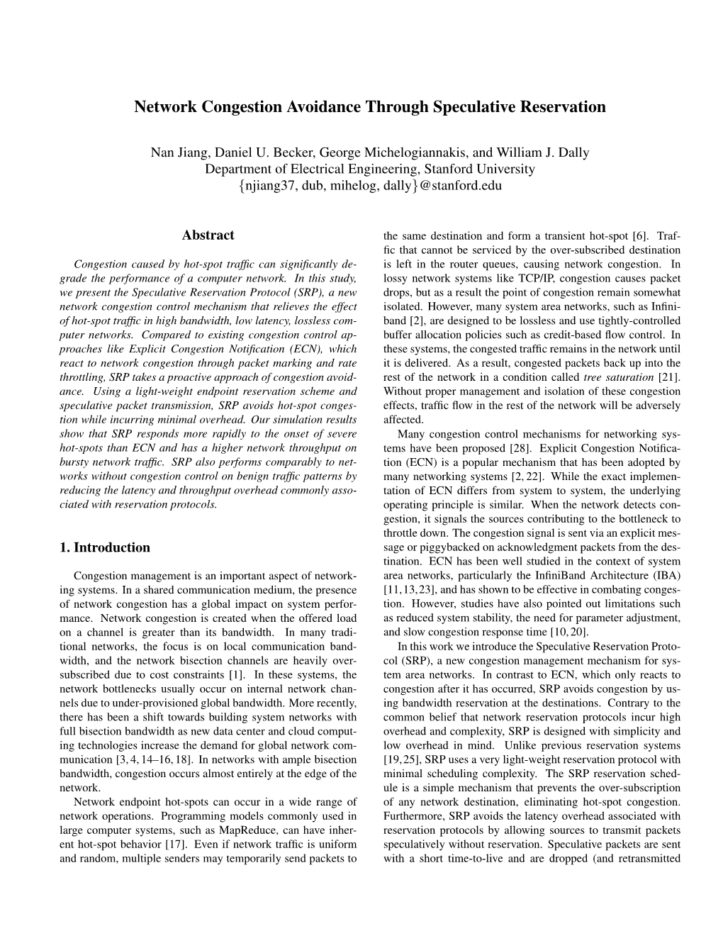 Network Congestion Avoidance Through Speculative Reservation