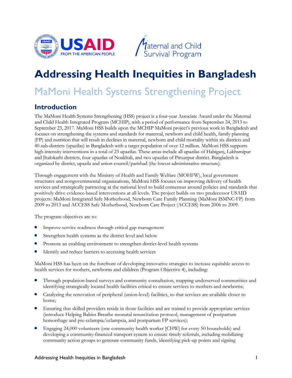 Addressing Health Inequities in Bangladesh: Mamoni Health Systems Strengthening Project