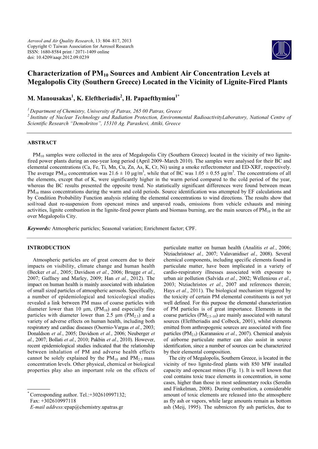 Characterization of PM10 Sources and Ambient Air Concentration Levels at Megalopolis City (Southern Greece) Located in the Vicinity of Lignite-Fired Plants