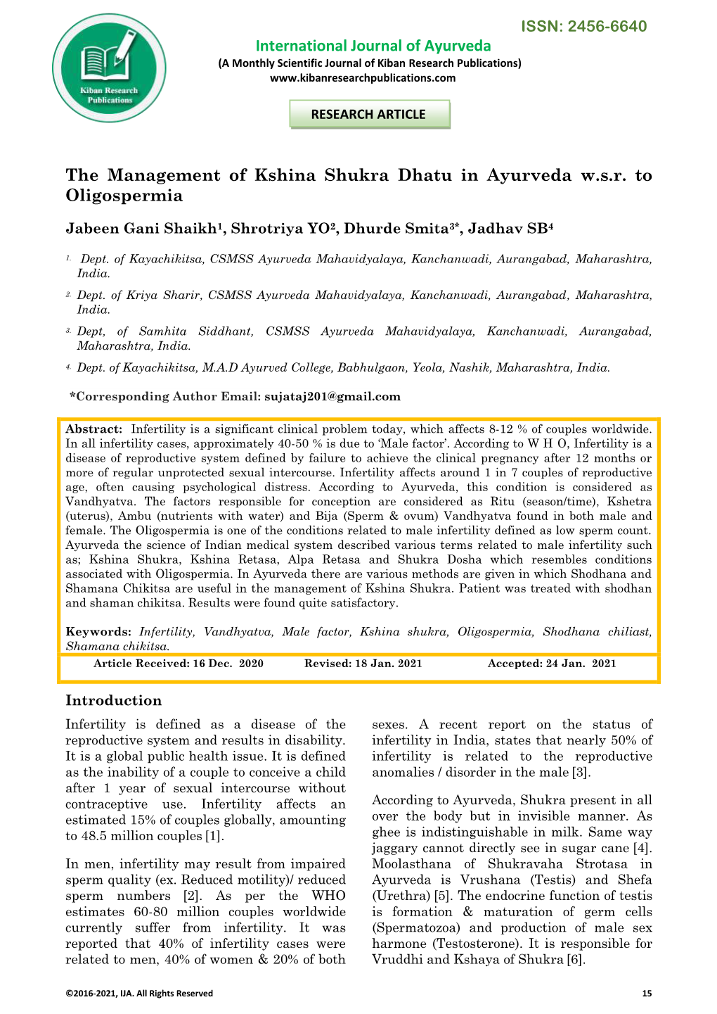 International Journal of Ayurveda the Management of Kshina Shukra