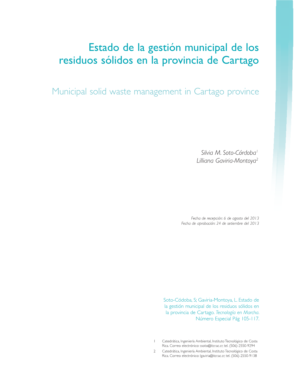 Estado De La Gestión Municipal De Los Residuos Sólidos En La Provincia De Cartago