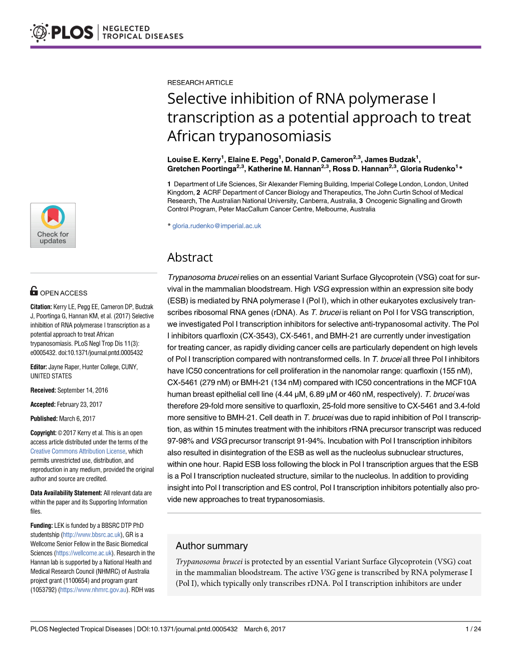 Selective Inhibition of RNA Polymerase I Transcription As a Potential Approach to Treat African Trypanosomiasis