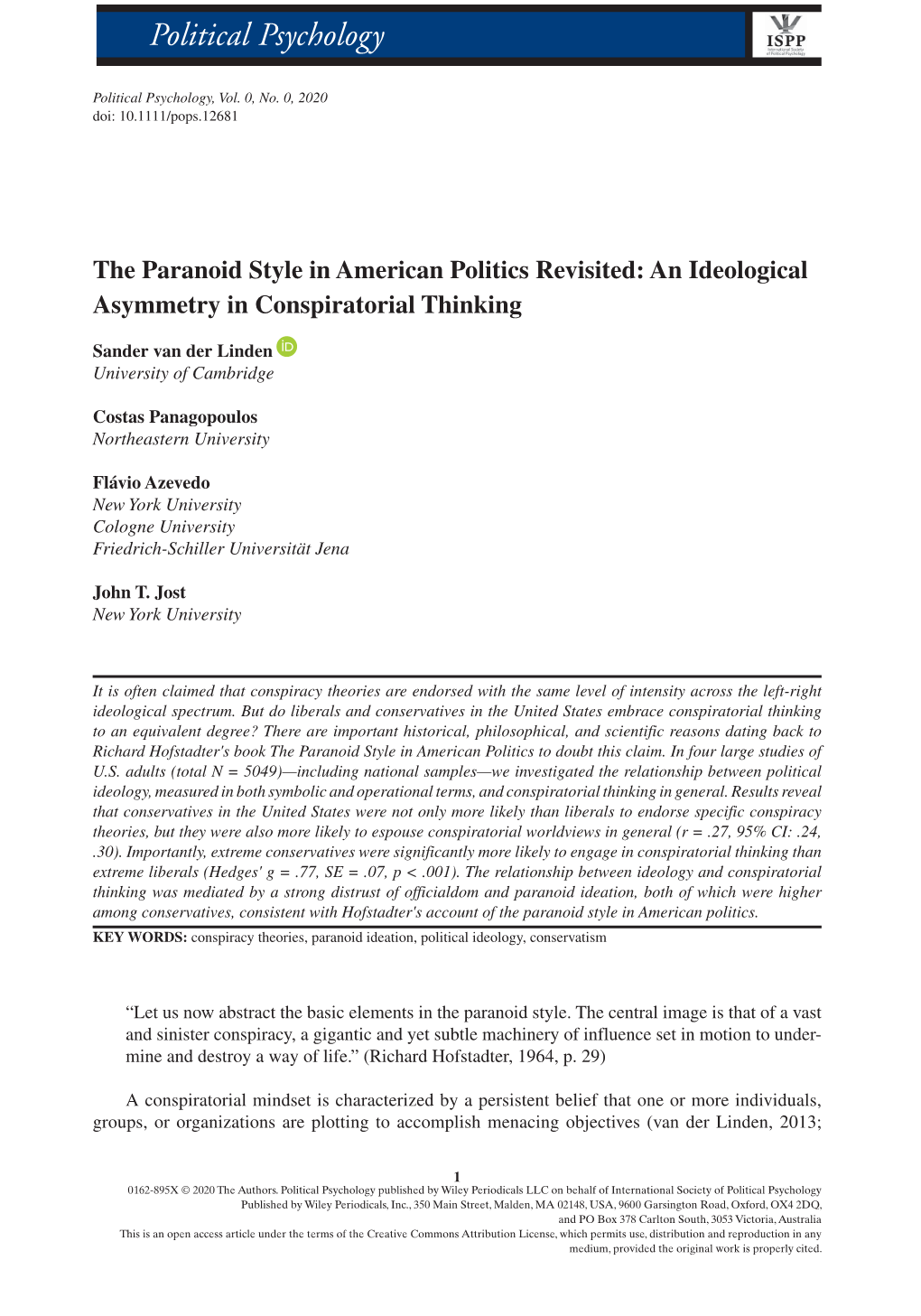 The Paranoid Style in American Politics Revisited: an Ideological Asymmetry in Conspiratorial Thinking