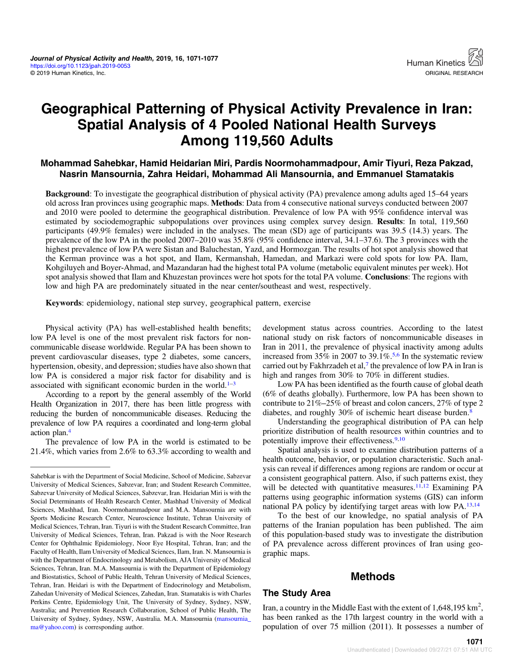 Geographical Patterning of Physical Activity Prevalence in Iran: Spatial Analysis of 4 Pooled National Health Surveys Among 119,560 Adults