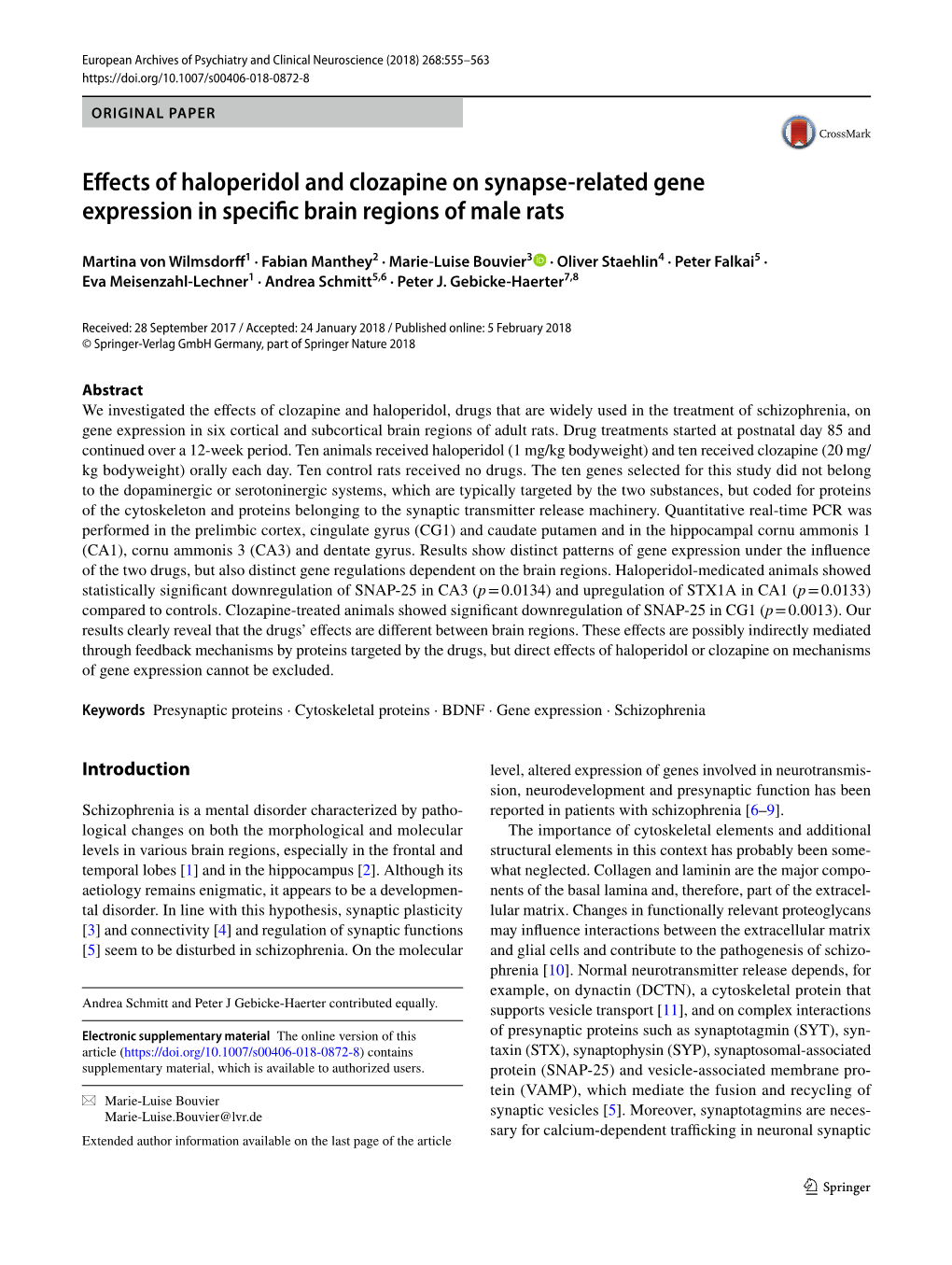 Effects of Haloperidol and Clozapine on Synapse-Related Gene Expression in Specific Brain Regions of Male Rats