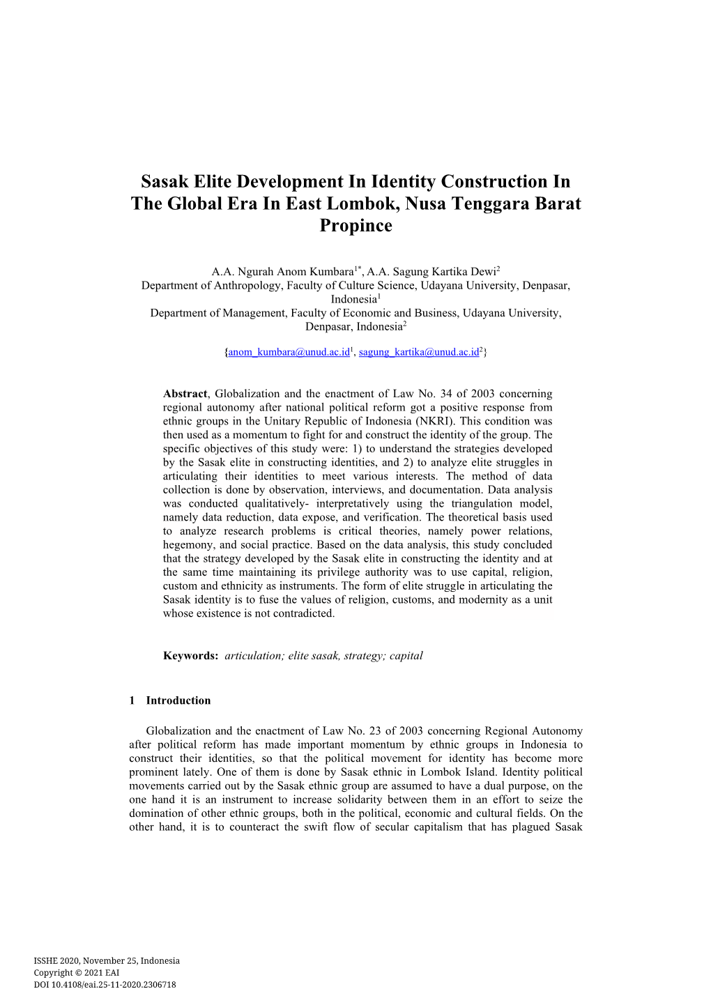 Sasak Elite Development in Identity Construction in the Global Era in East Lombok, Nusa Tenggara Barat Propince