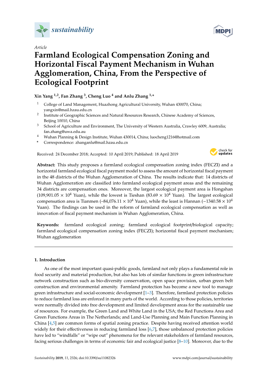 Farmland Ecological Compensation Zoning and Horizontal Fiscal Payment Mechanism in Wuhan Agglomeration, China, from the Perspective of Ecological Footprint