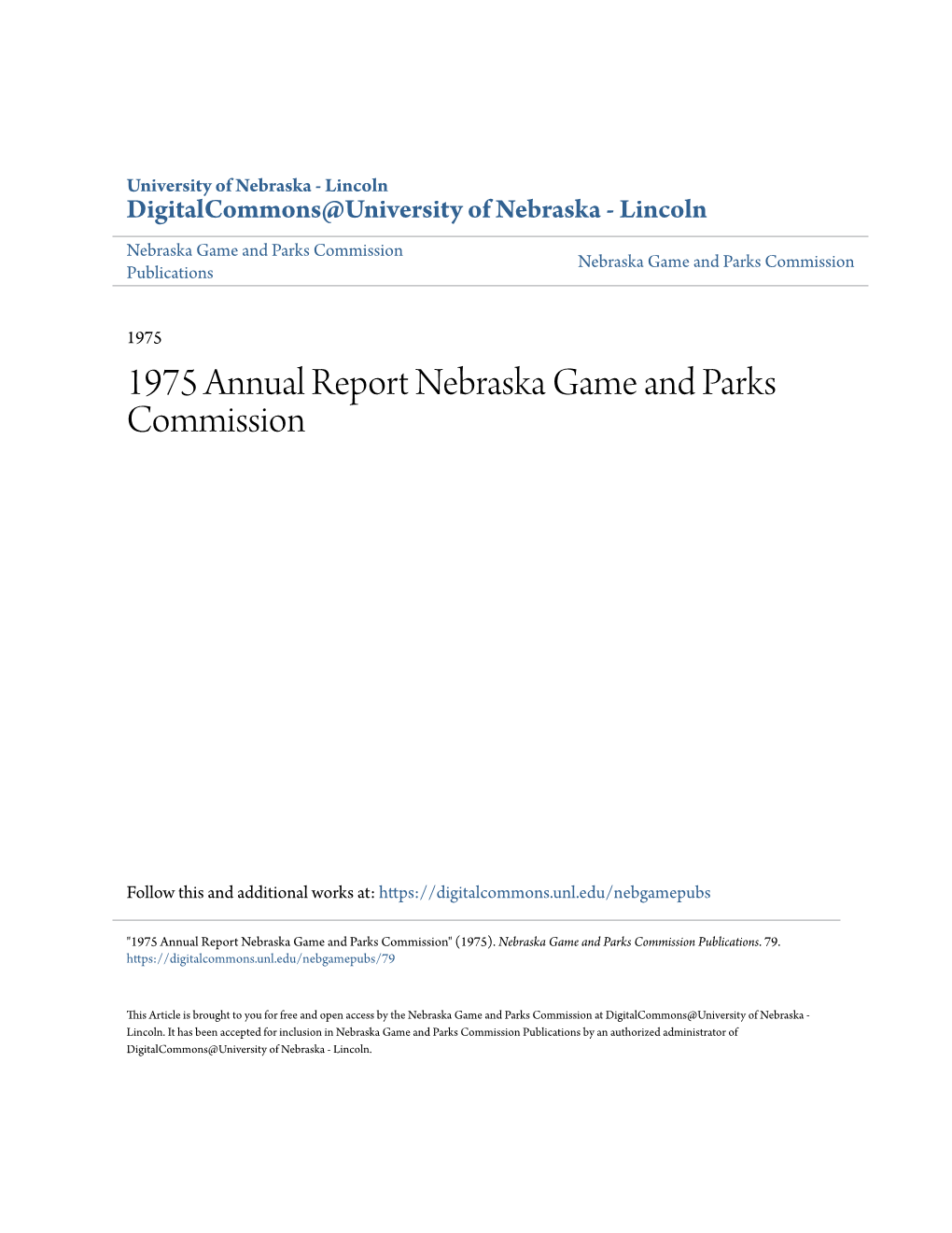 1975 Annual Report Nebraska Game and Parks Commission