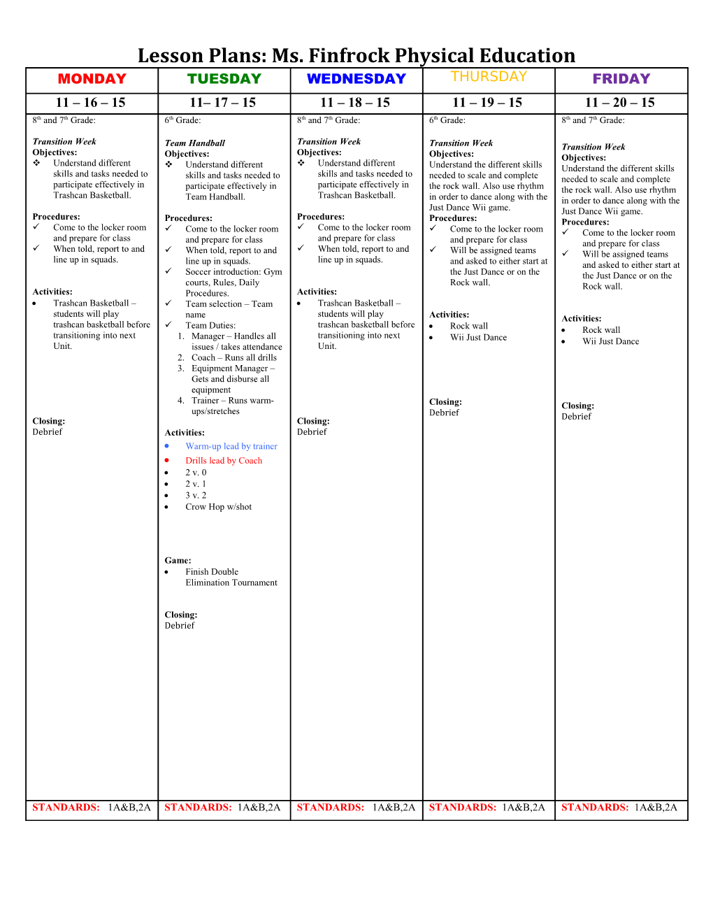 Lesson Plans: Ms. Finfrock Physical Education