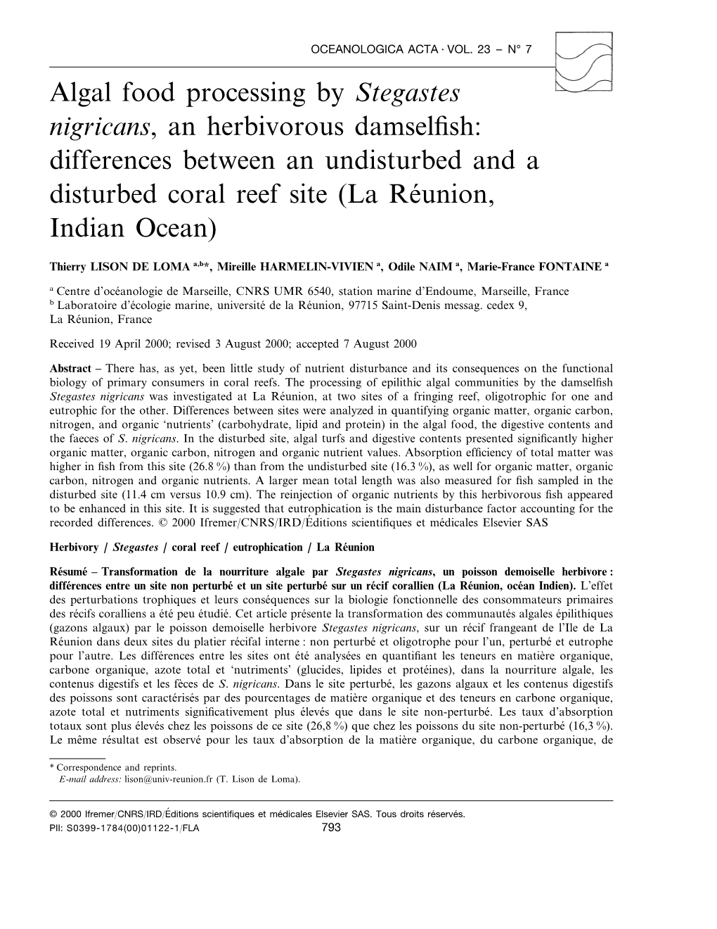 Algal Food Processing by Stegastes Nigricans, an Herbivorous Damselfish