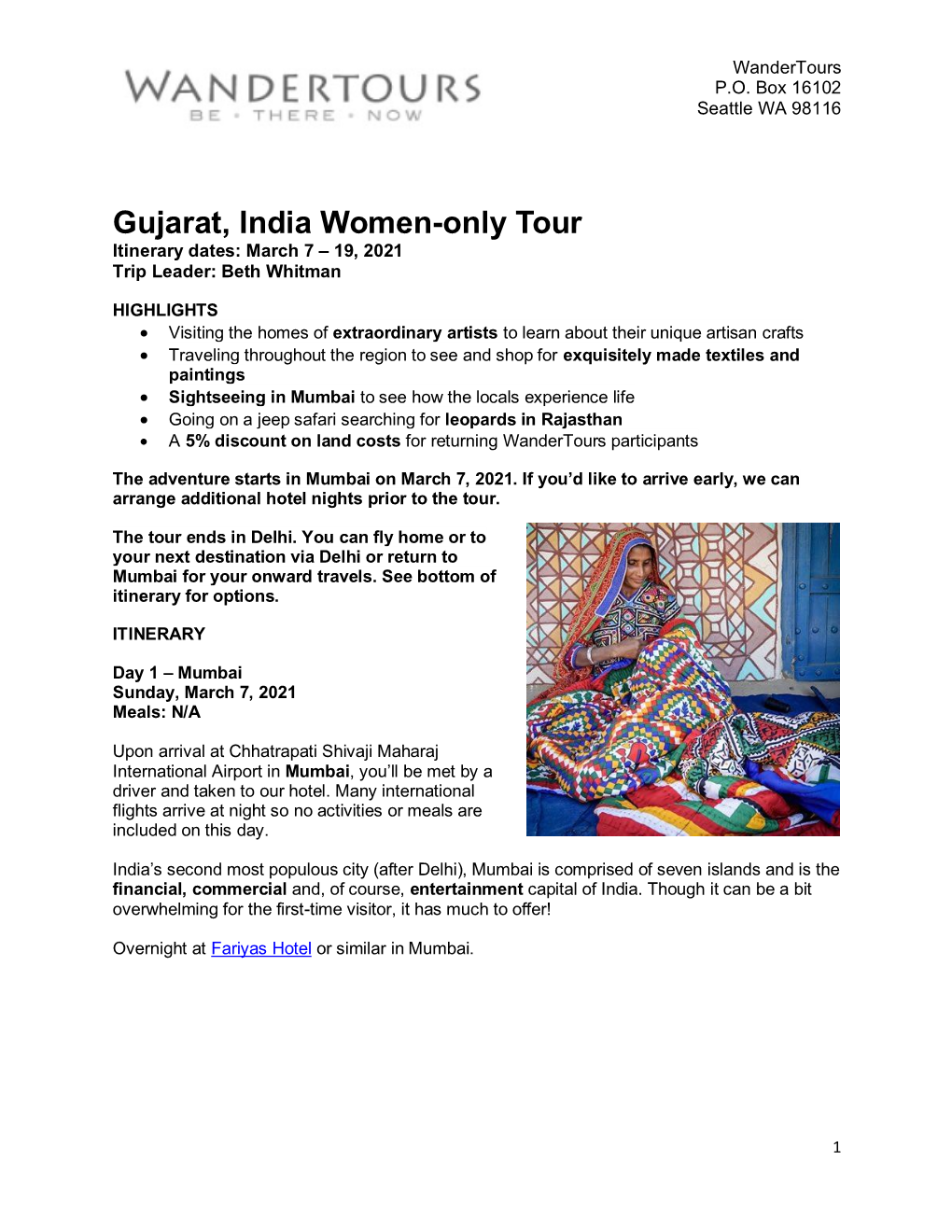 Gujarat, India Women-Only Tour Itinerary Dates: March 7 – 19, 2021 Trip Leader: Beth Whitman