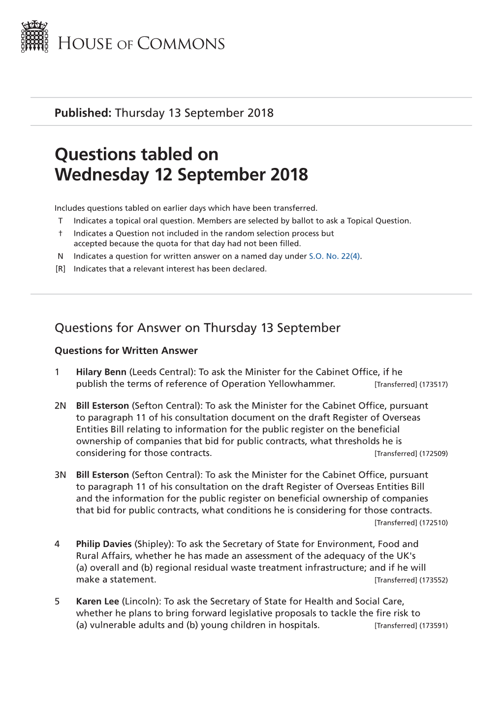 Questions Tabled on Wed 12 Sep 2018