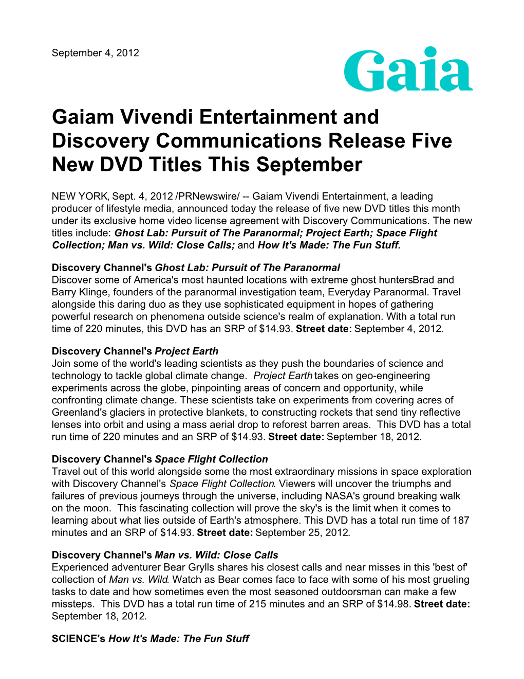 Gaiam Vivendi Entertainment and Discovery Communications Release Five New DVD Titles This September