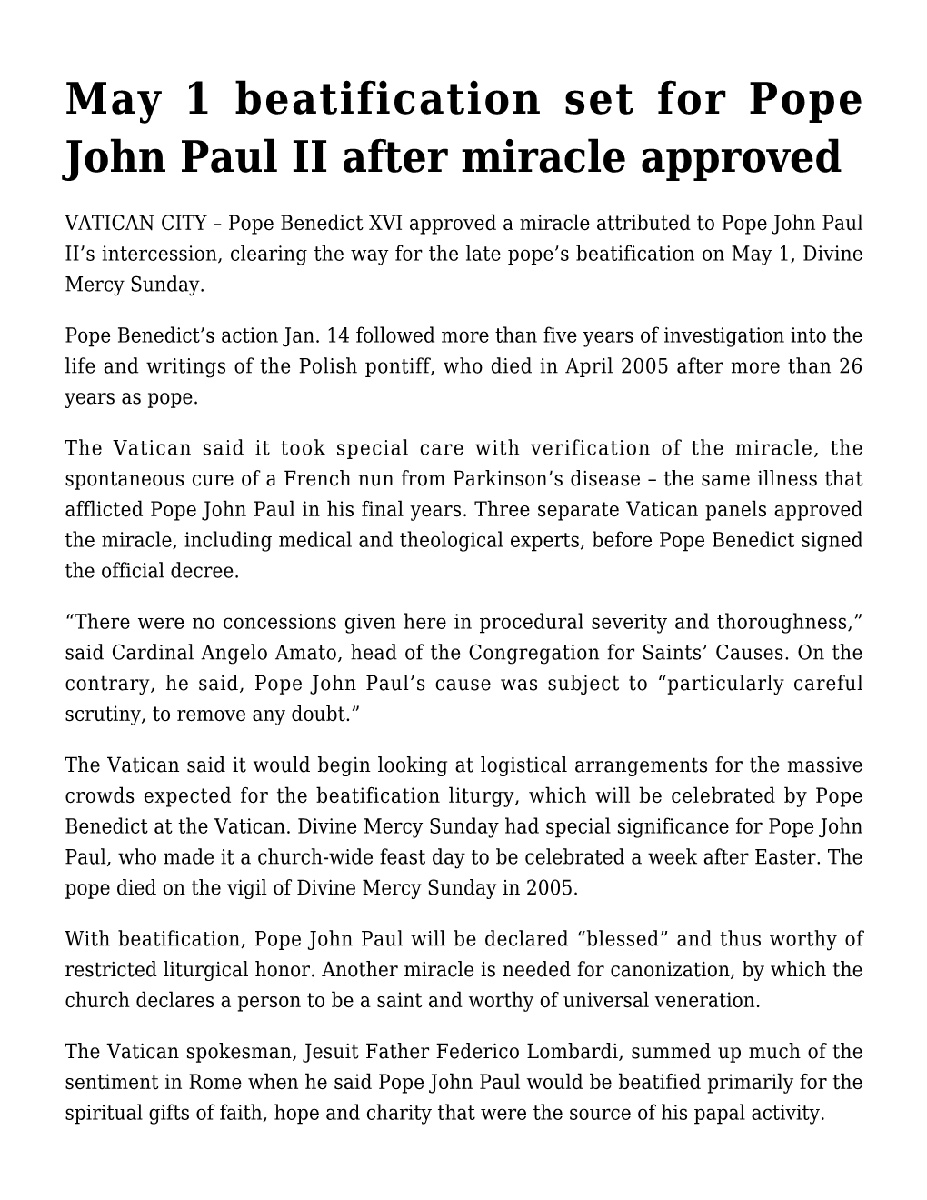 May 1 Beatification Set for Pope John Paul II After Miracle Approved