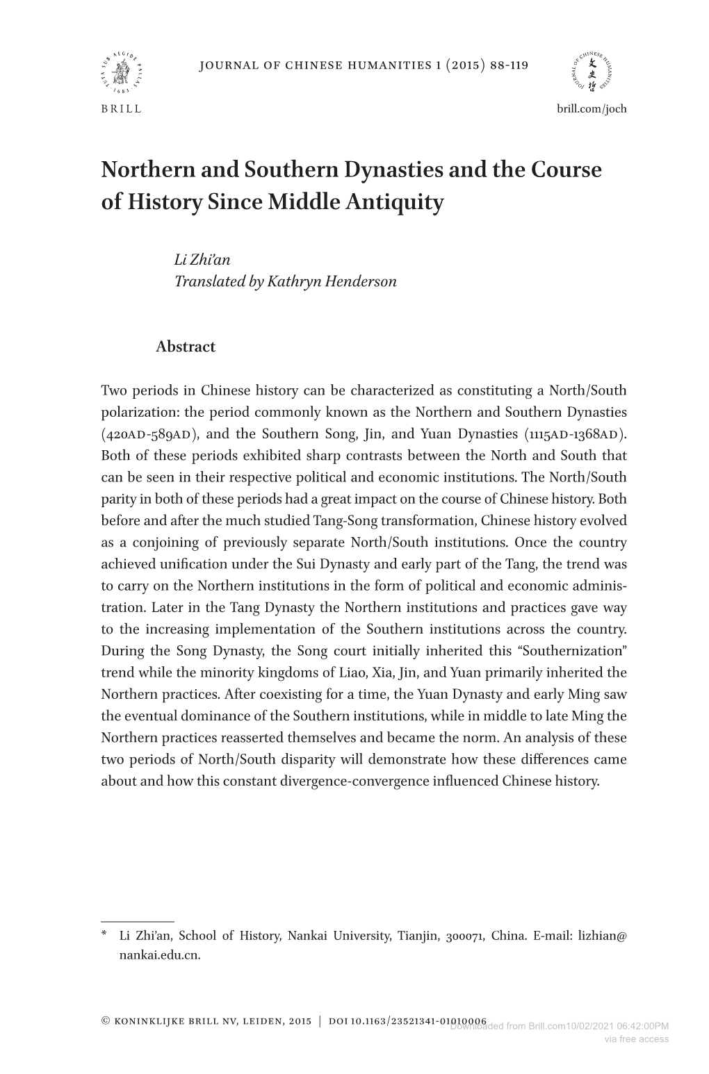 Northern and Southern Dynasties and the Course of History Since Middle Antiquity