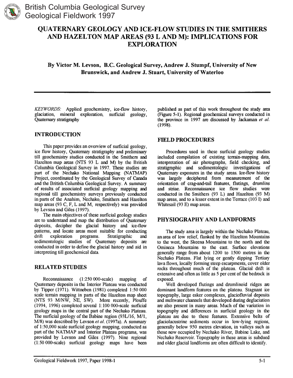 British Columbia Geological Survey Geological Fieldwork 1997