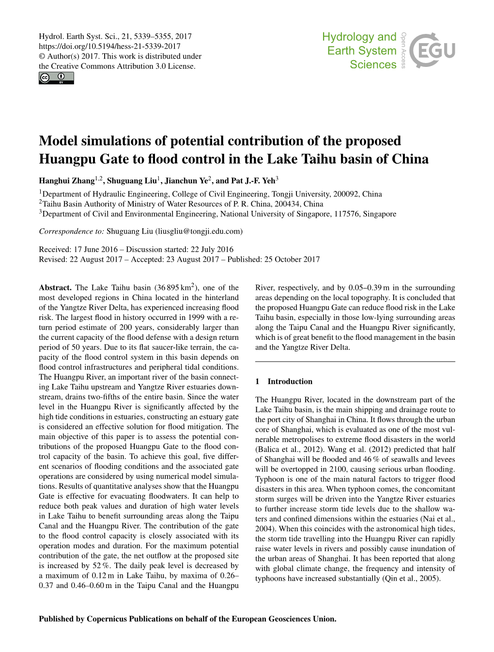 Model Simulations of Potential Contribution of the Proposed Huangpu Gate to ﬂood Control in the Lake Taihu Basin of China