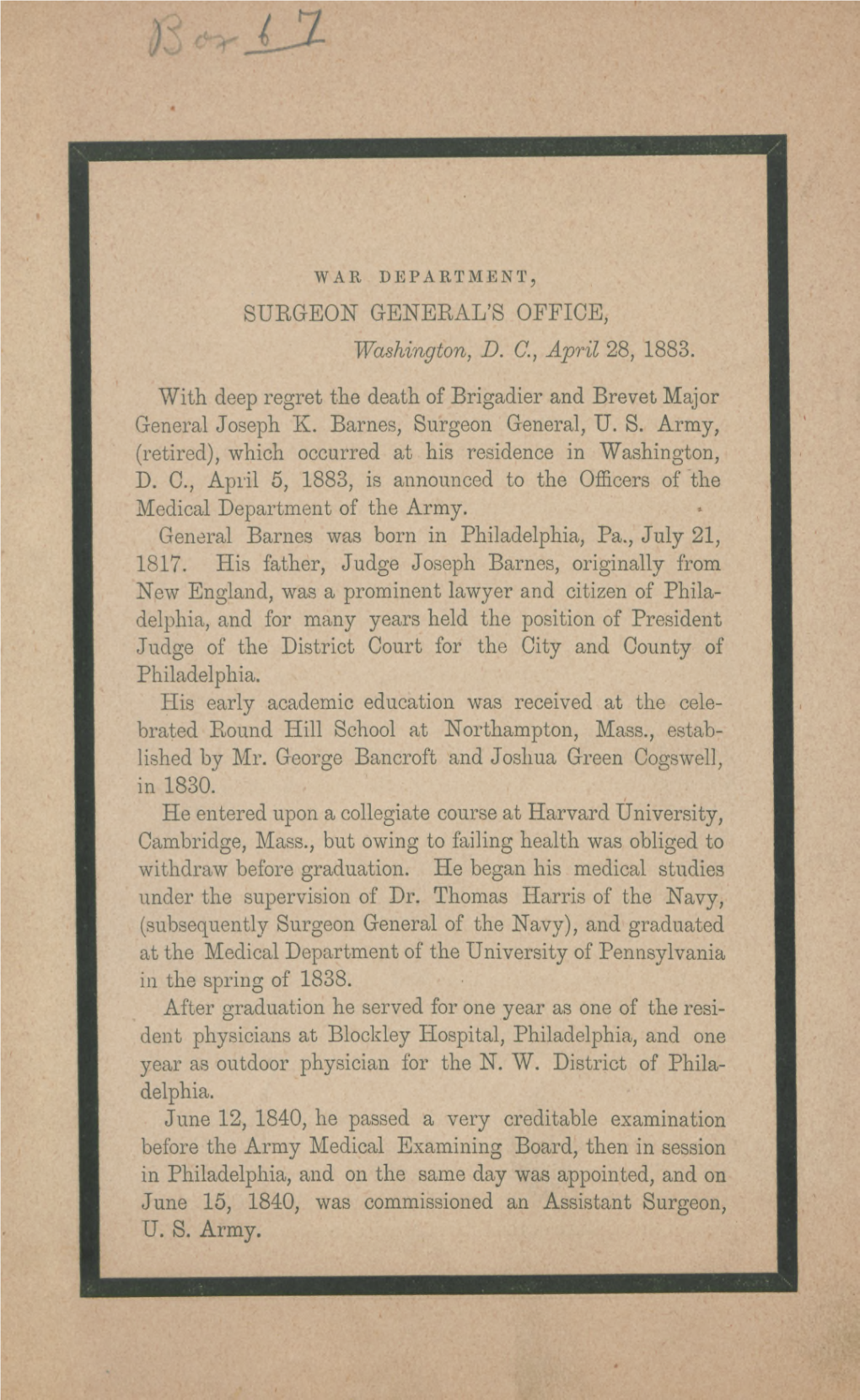 [Death Announcement of Joseph K. Barnes]