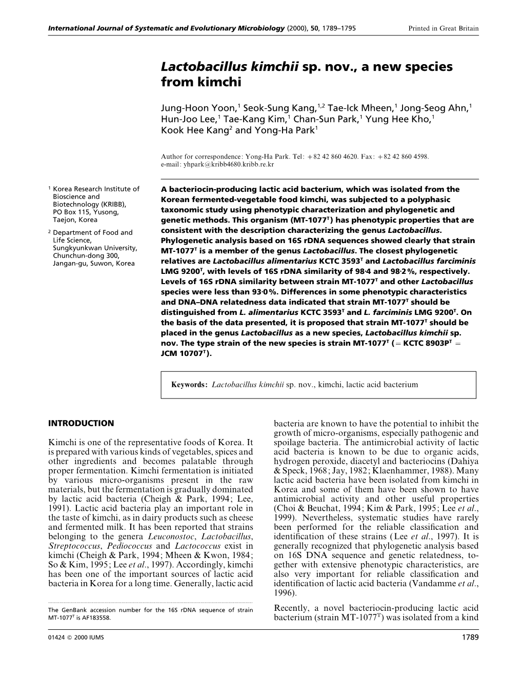 Lactobacillus Kimchii Sp. Nov., a New Species from Kimchi