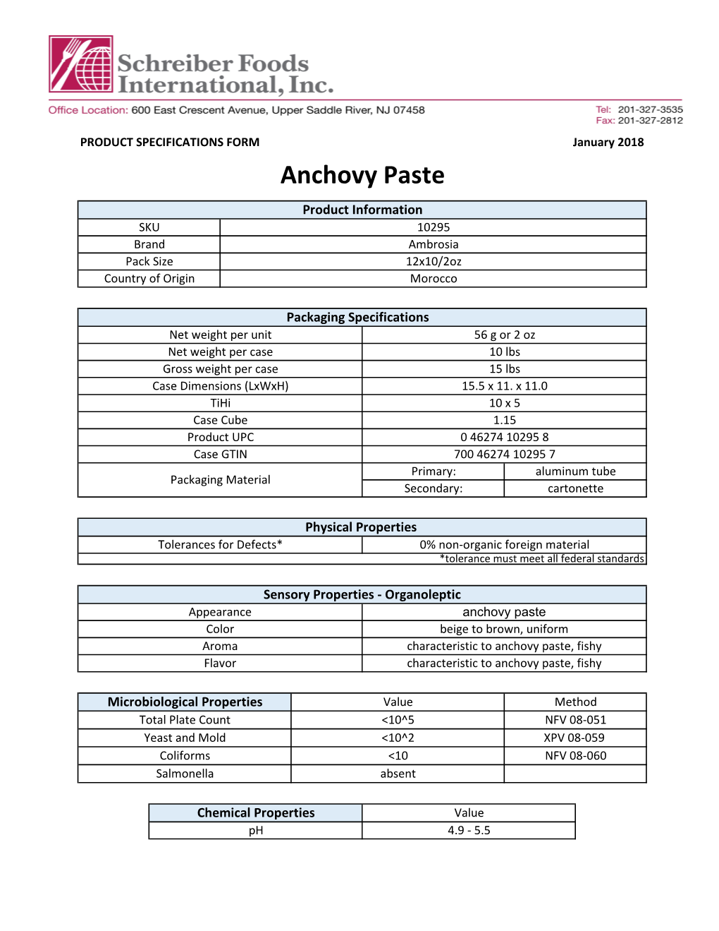 Anchovy Paste Product Information SKU 10295 Brand Ambrosia Pack Size 12X10/2Oz Country of Origin Morocco