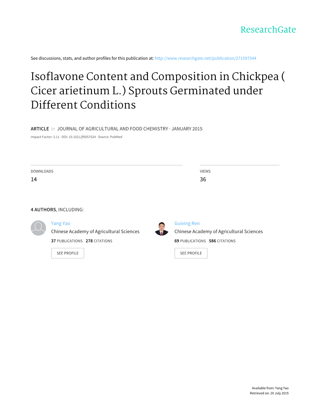 Isoflavone Content and Composition in Chickpea ( Cicer Arietinum L.) Sprouts Germinated Under Different Conditions