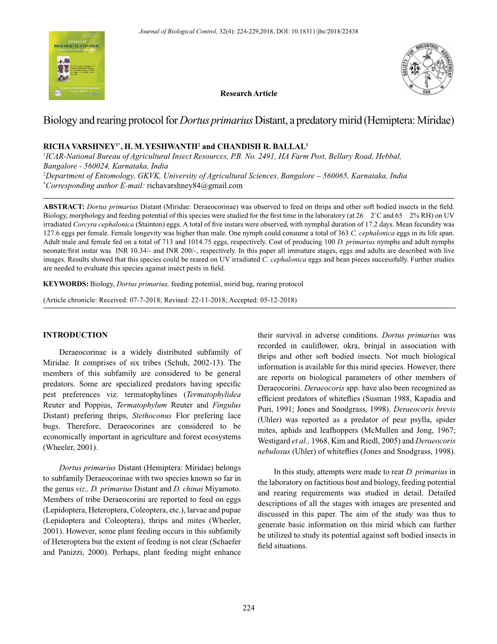 Biology and Rearing Protocol for Dortus Primarius Distant, a Predatory Mirid (Hemiptera: Miridae)