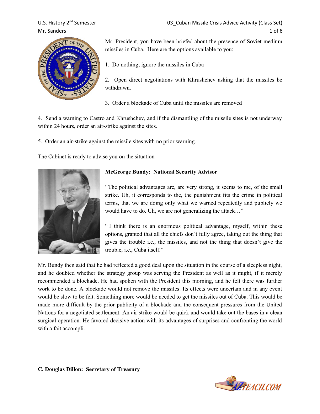 U.S. History 2Nd Semester 03 Cuban Missile Crisis Advice Activity (Class Set)