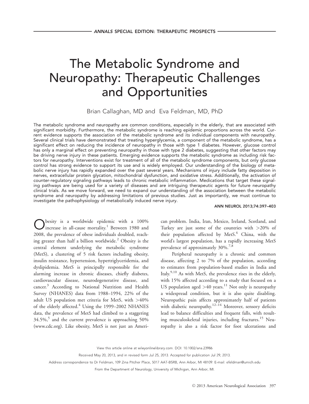 The Metabolic Syndrome and Neuropathy: Therapeutic Challenges and Opportunities